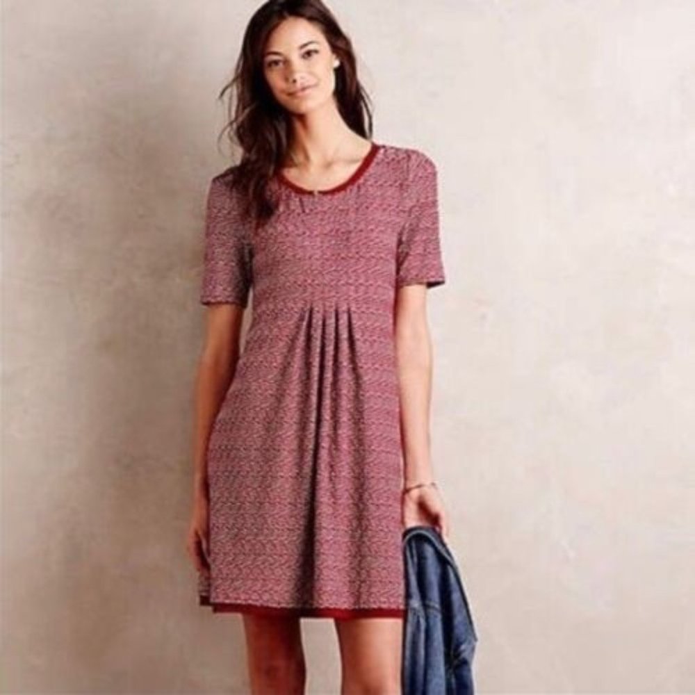 Anthropologie Maeve Dora Wavy Pattern Red & White Chiffon Trim Pleated D…